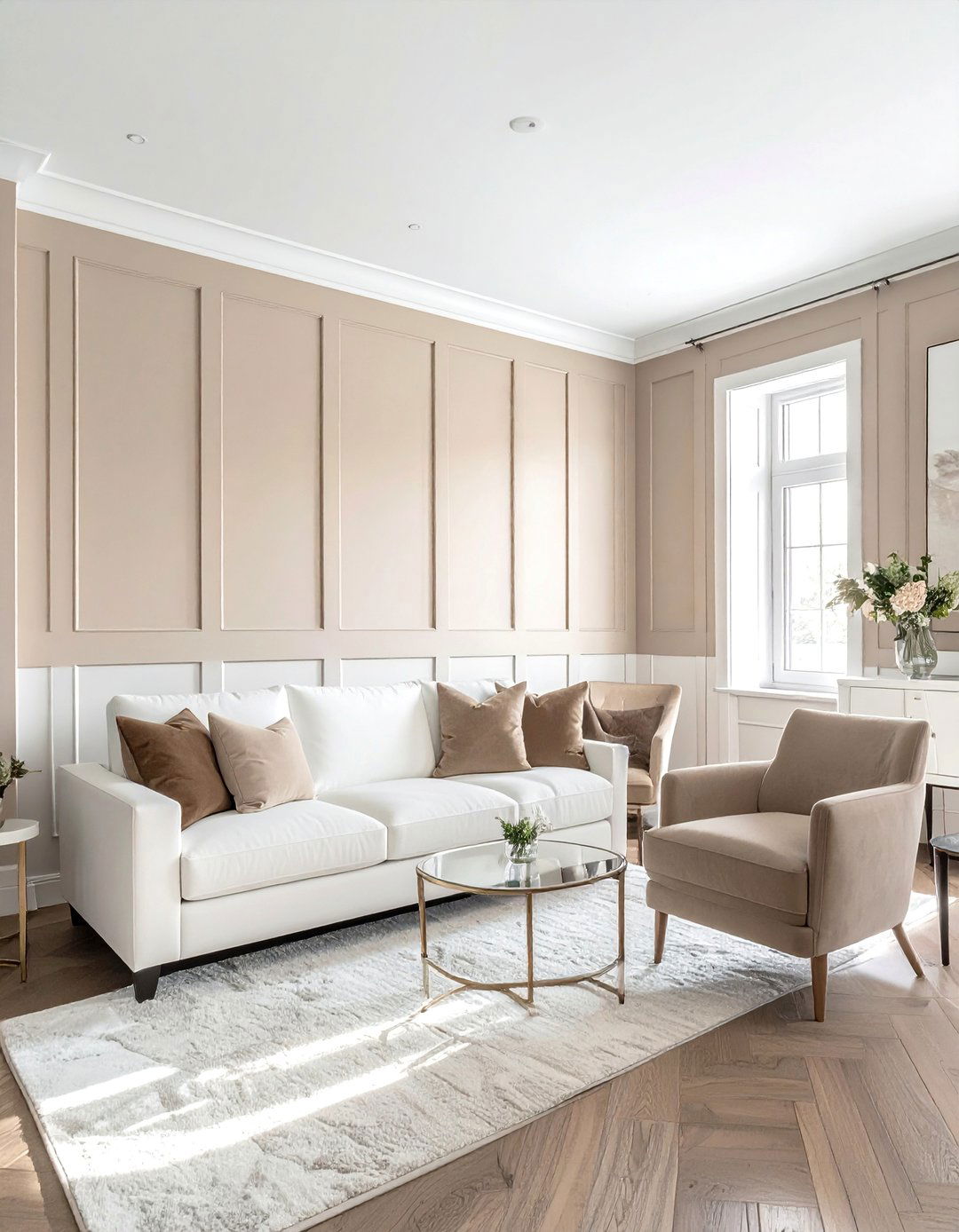 Beige and White Living Room with Paneled Accent Wall - 20 Beige and White Living Room Ideas for a Serene Space