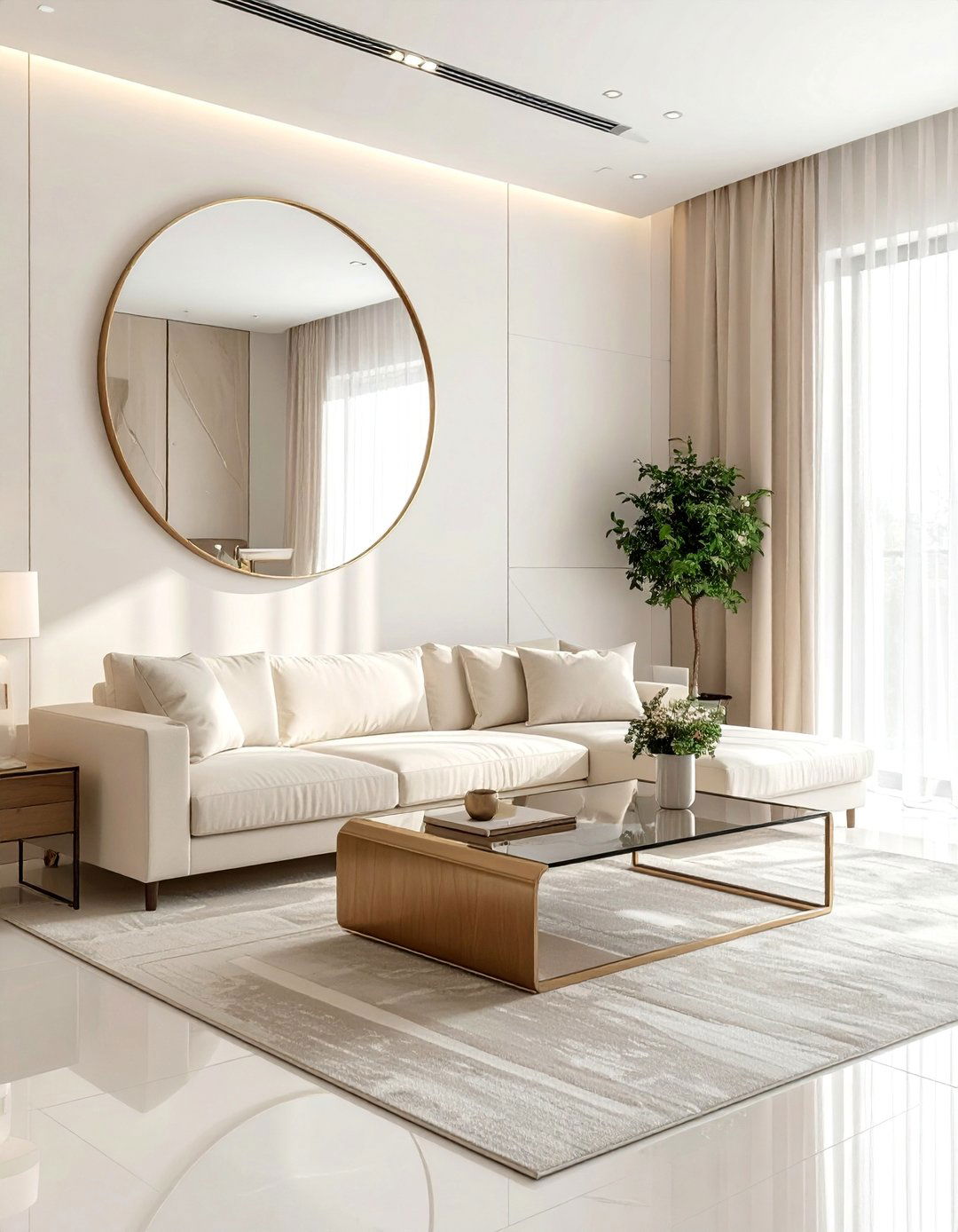 Beige and White Living Room with Reflective Surfaces