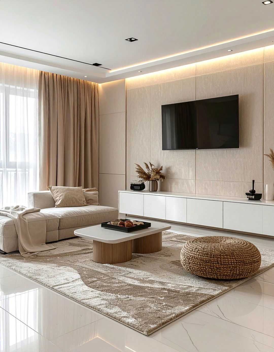Beige and White Living Room with Textured Wallpaper - 20 Beige and White Living Room Ideas for a Serene Space