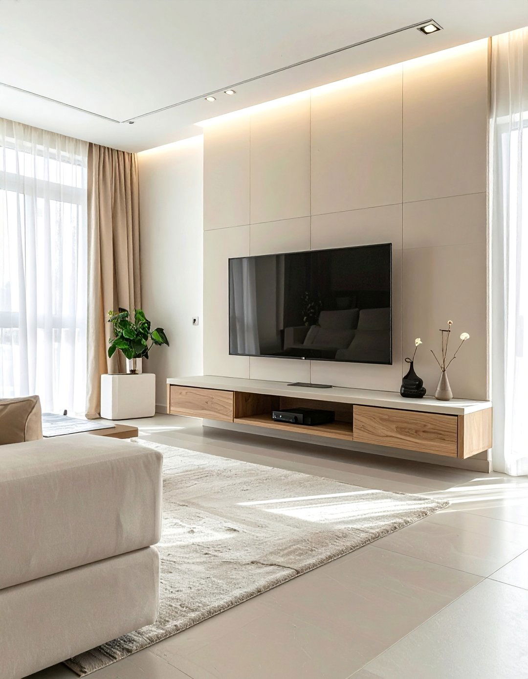 Beige and White Living Room with a Floating Media Console - 20 Beige and White Living Room Ideas for a Serene Space