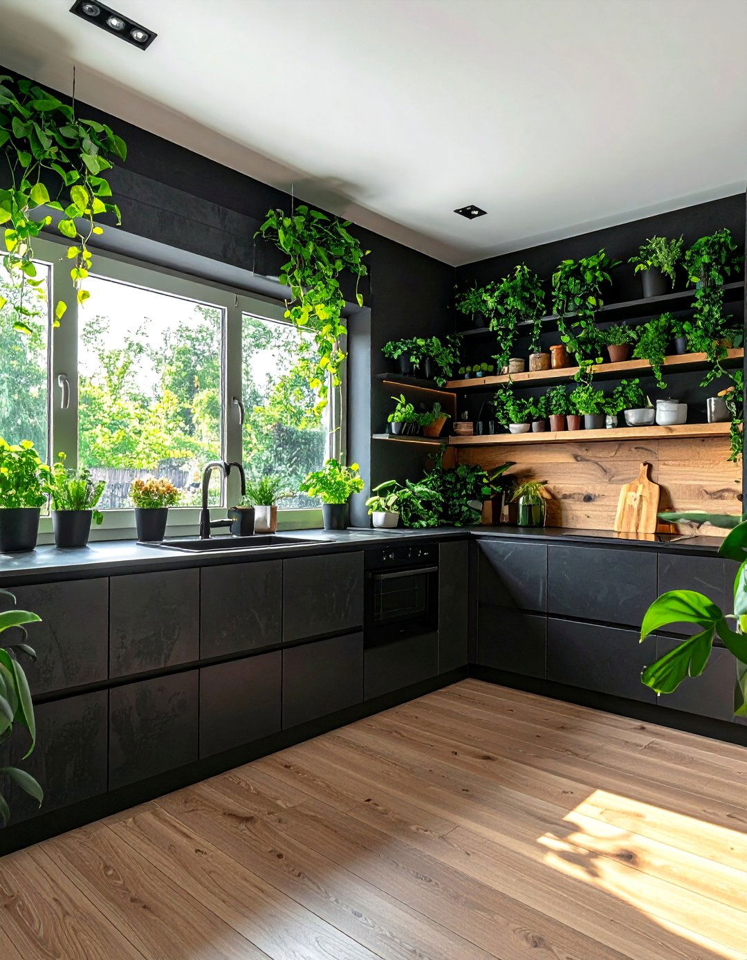 Biophilic Design with Black Planters and Green Foliage - 30 Black and Green Kitchen Ideas for a Modern Twist