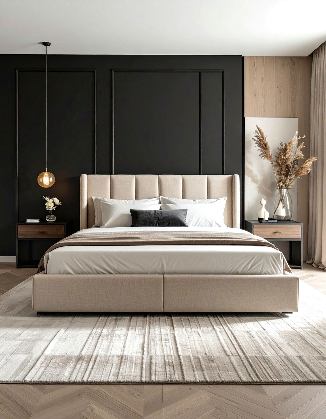 Black Accent Wall in a Beige Bedroom - 20 Black and Beige Bedroom Design Ideas for Serenity