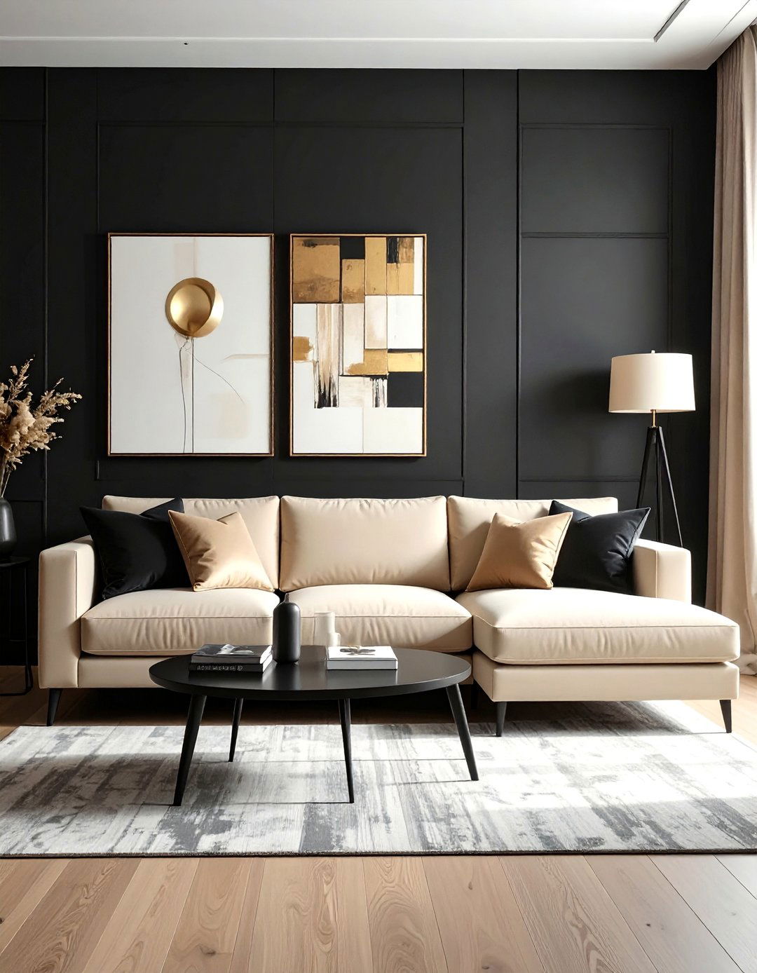 Black Accent Wall in a Beige Living Room - 30 Black and Beige Living Room Ideas for a Neutral Palette
