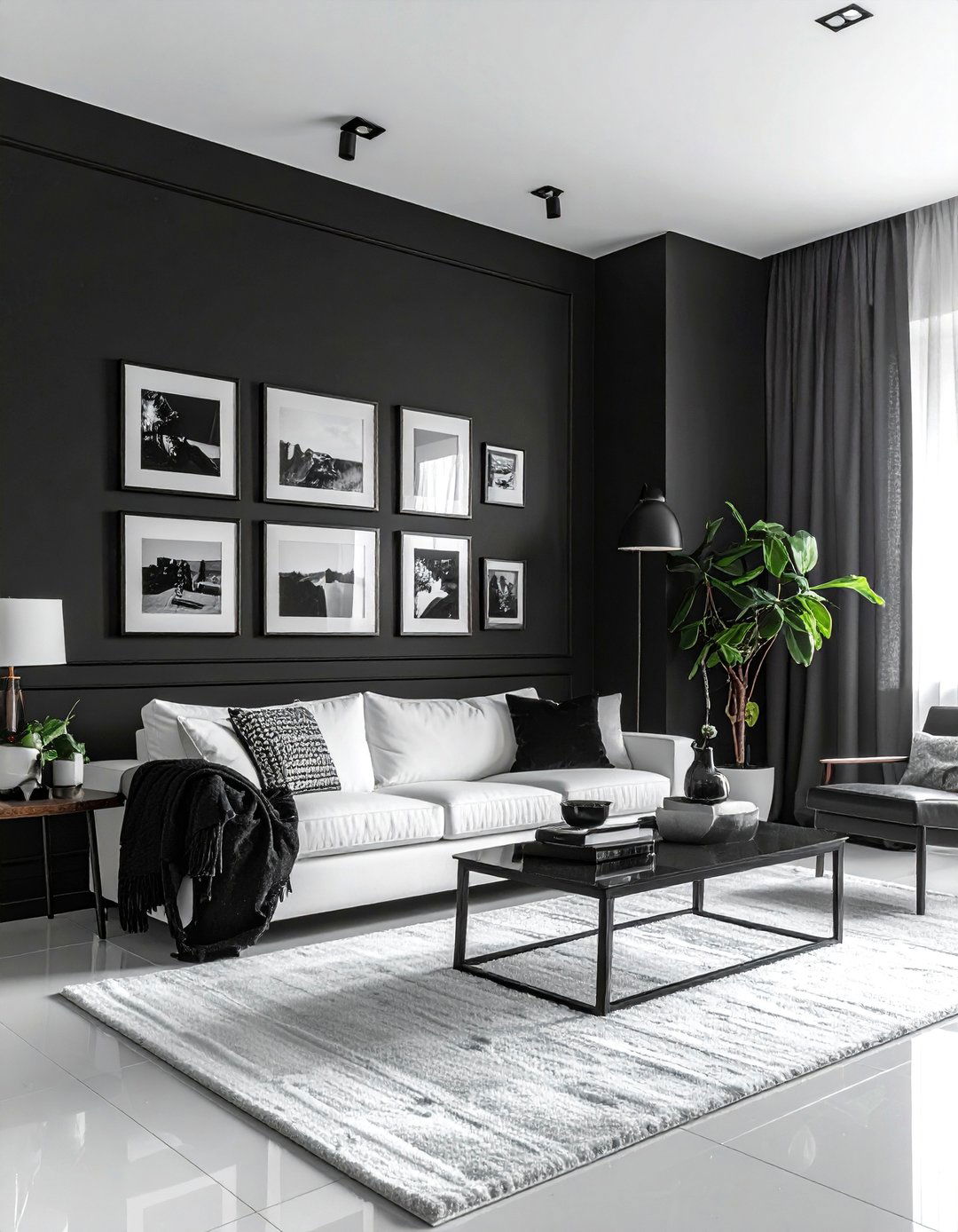 Black Accent Wall in a White Living Room - 30 Black and White Living Room Ideas for Timeless Style