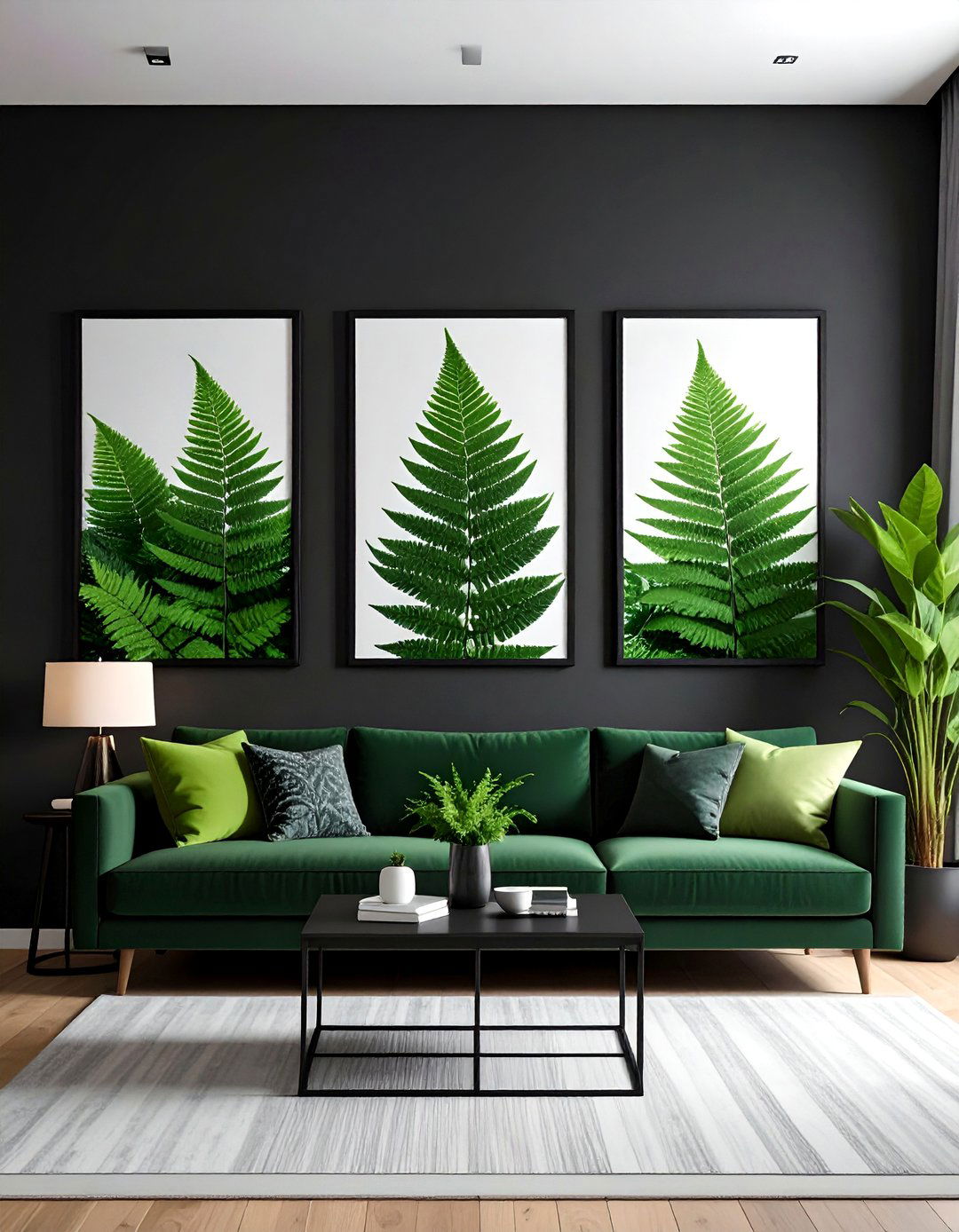 Black Accent Wall with Green Botanical Art - 30 Black and Green Living Room Ideas for a Luxe Feel