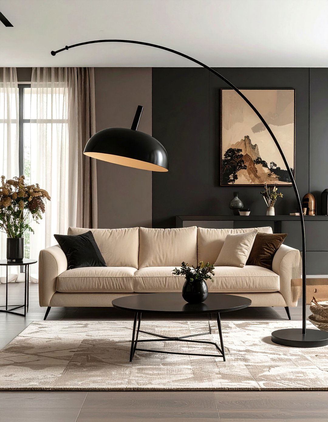 Black Arc Floor Lamp Over a Beige Sofa - 30 Black and Beige Living Room Ideas for a Neutral Palette