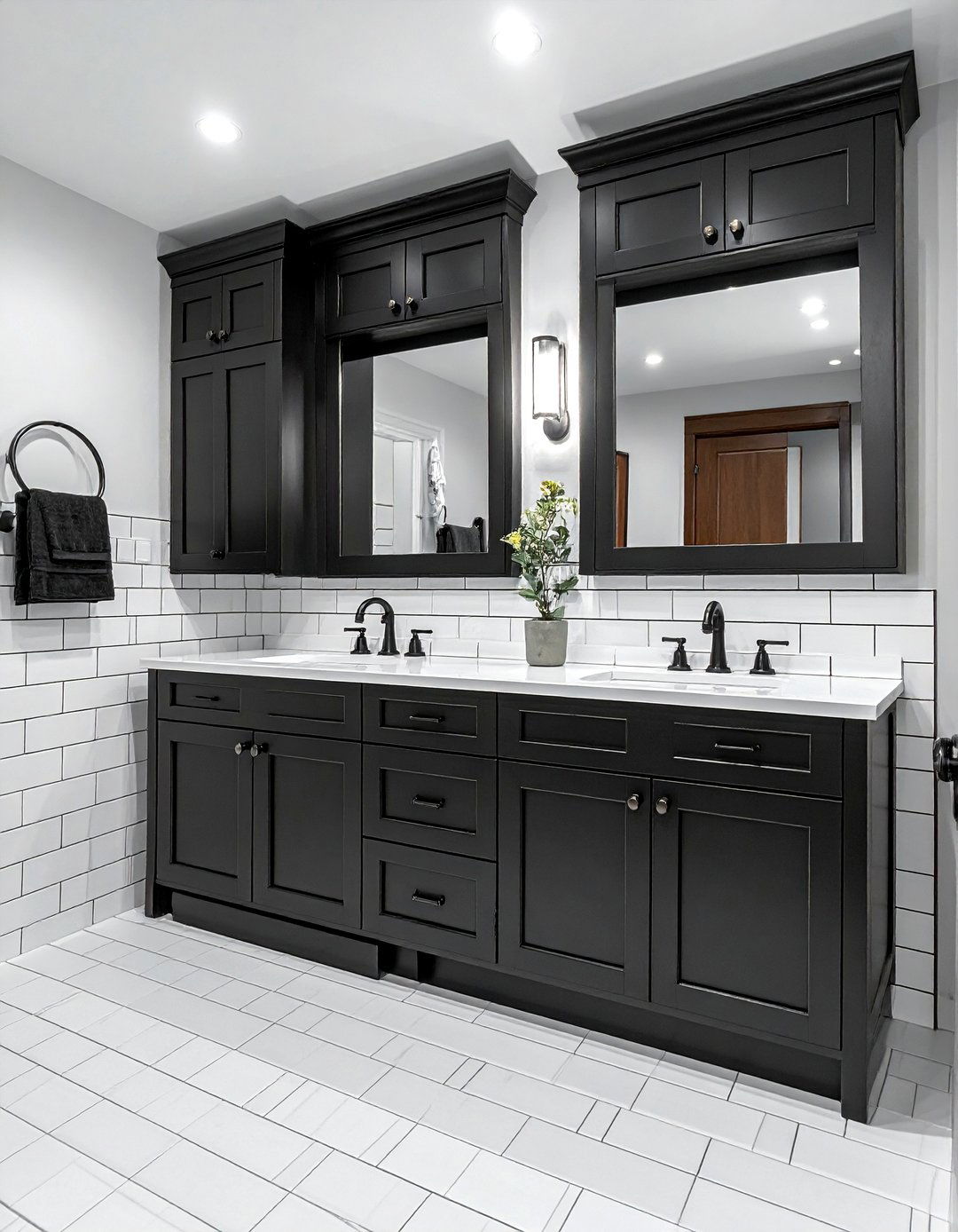 Black Bathroom Cabinets and White Subway Tiles - 25 Bathroom With Black Cabinets Ideas for a Bold Look