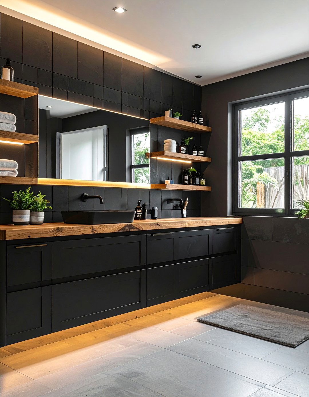 Black Bathroom Cabinets and Wood Accents - 25 Bathroom With Black Cabinets Ideas for a Bold Look