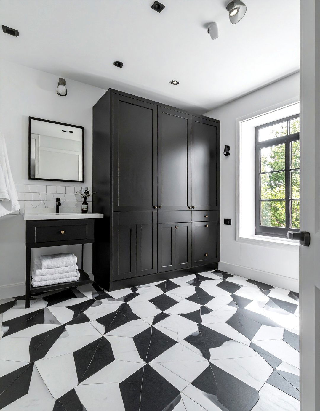 Black Bathroom Cabinets with Patterned Floor Tiles - 25 Bathroom With Black Cabinets Ideas for a Bold Look