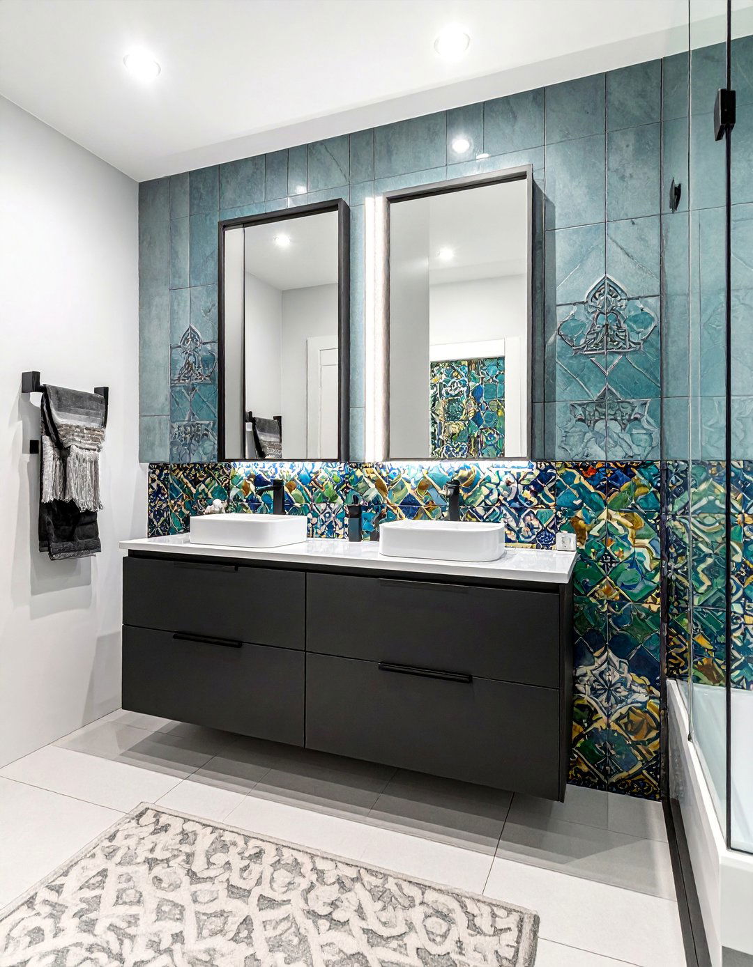 Black Bathroom Cabinets with a Colorful Backsplash - 25 Bathroom With Black Cabinets Ideas for a Bold Look