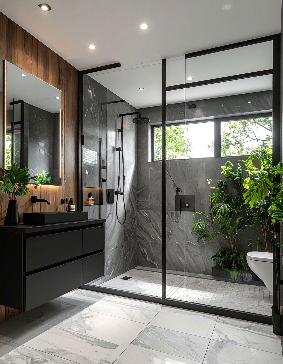 Black Bathroom Cabinets with a Frameless Glass Shower - 25 Bathroom With Black Cabinets Ideas for a Bold Look