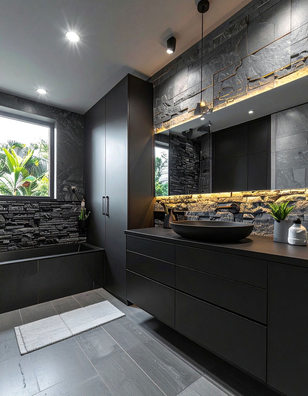 Black Bathroom Cabinets with a Stone Accent Wall - 25 Bathroom With Black Cabinets Ideas for a Bold Look
