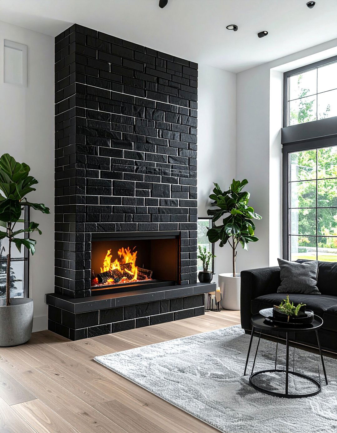 Black Brick Fireplace With Contrasting White Grout - 30 Black Brick Fireplace Ideas to Elevate Your Space