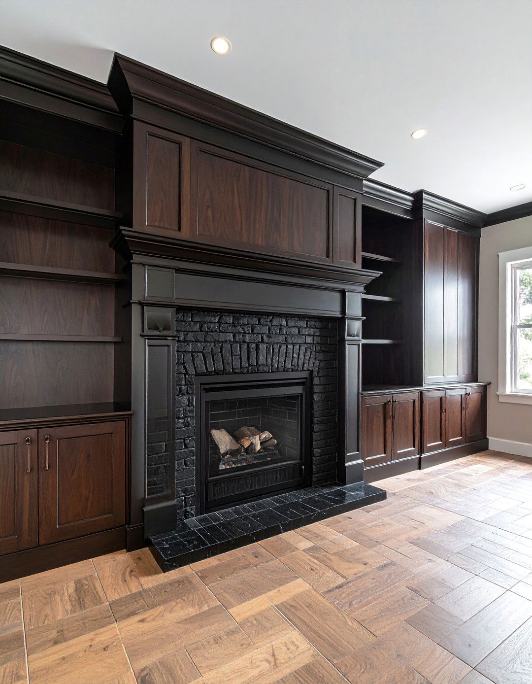 Black Brick Fireplace With Dark Wood Built Ins - 30 Black Brick Fireplace Ideas to Elevate Your Space