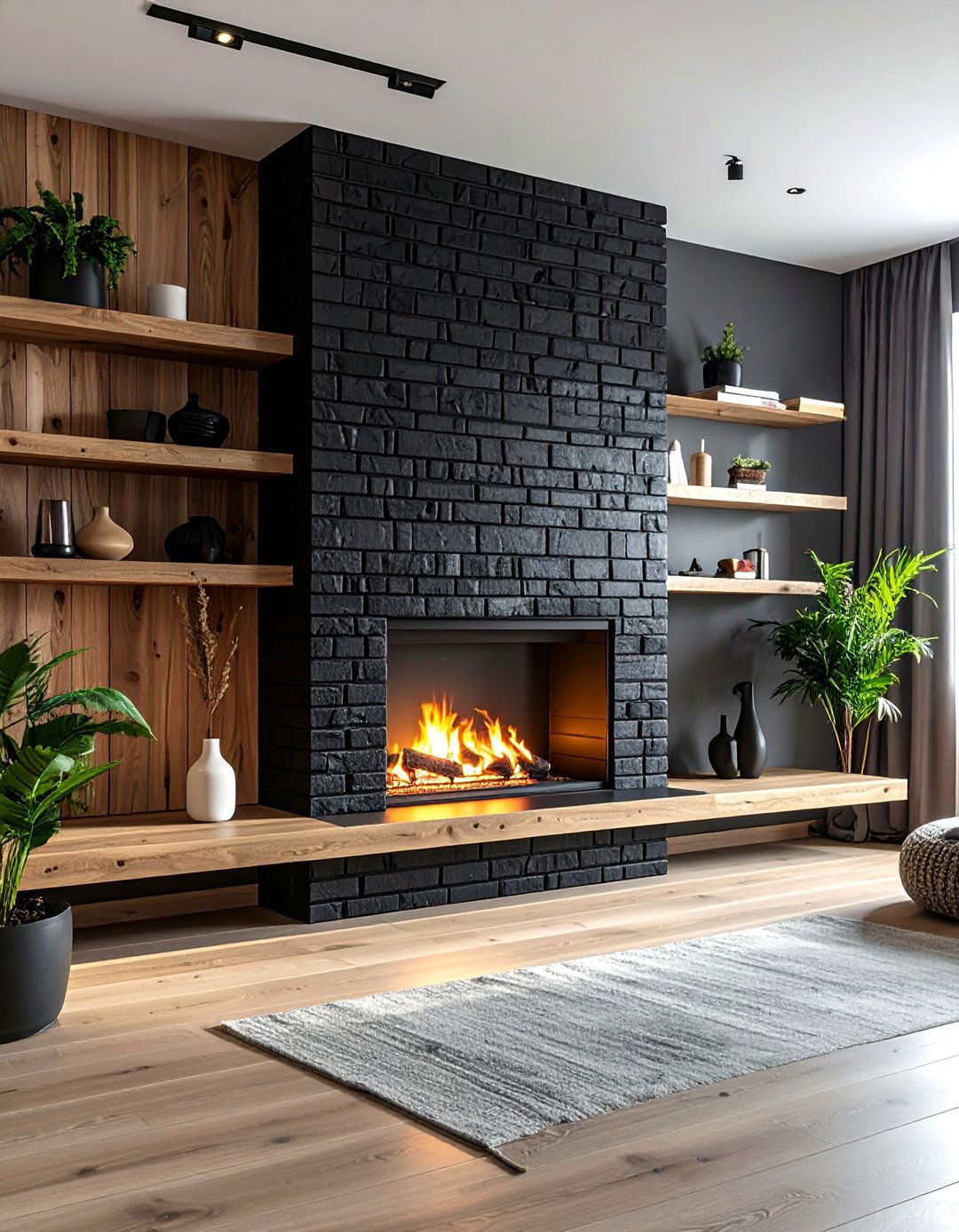 Black Brick Fireplace With Floating Shelves - 30 Black Brick Fireplace Ideas to Elevate Your Space