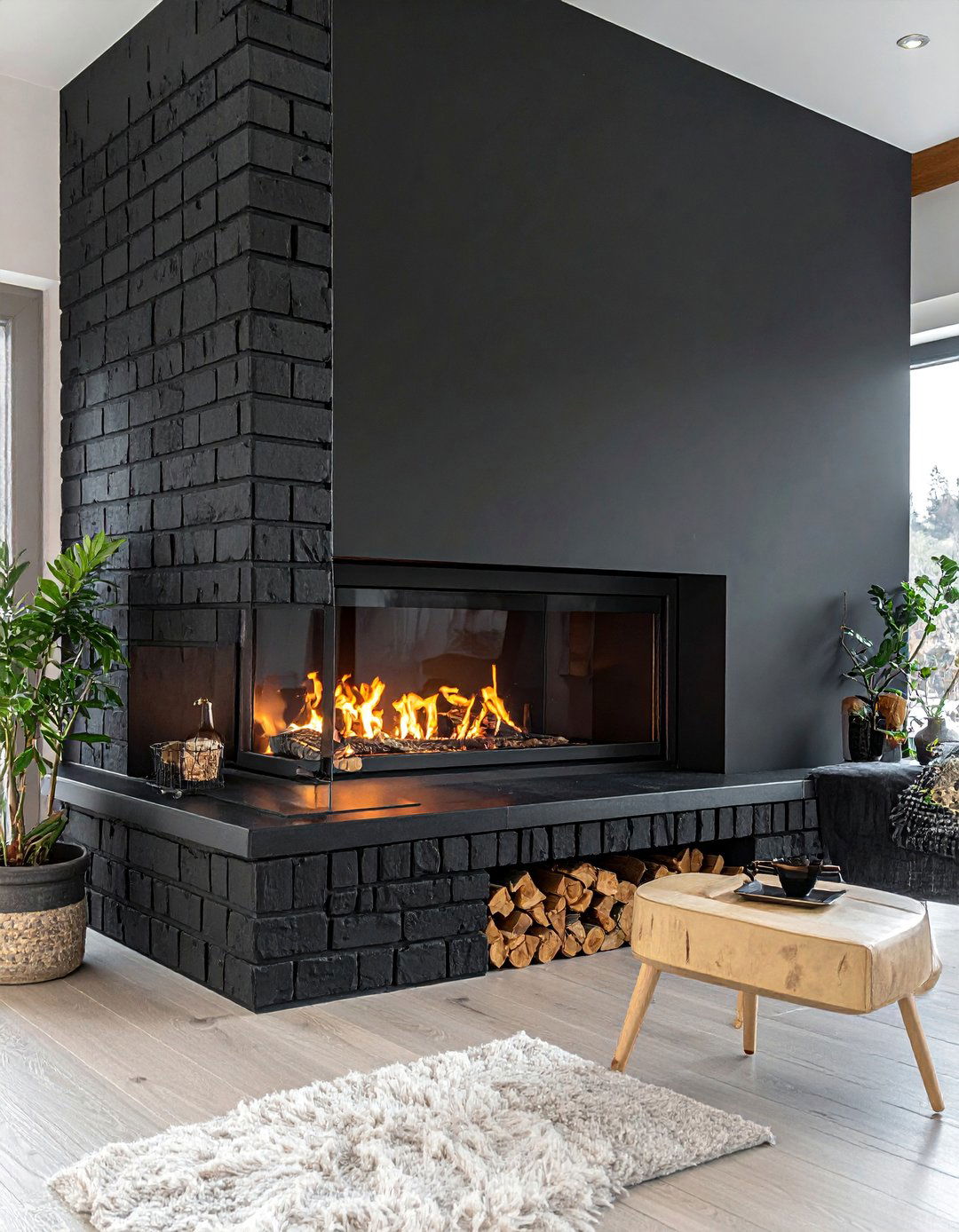 Black Brick Fireplace With Integrated Log Storage - 30 Black Brick Fireplace Ideas to Elevate Your Space