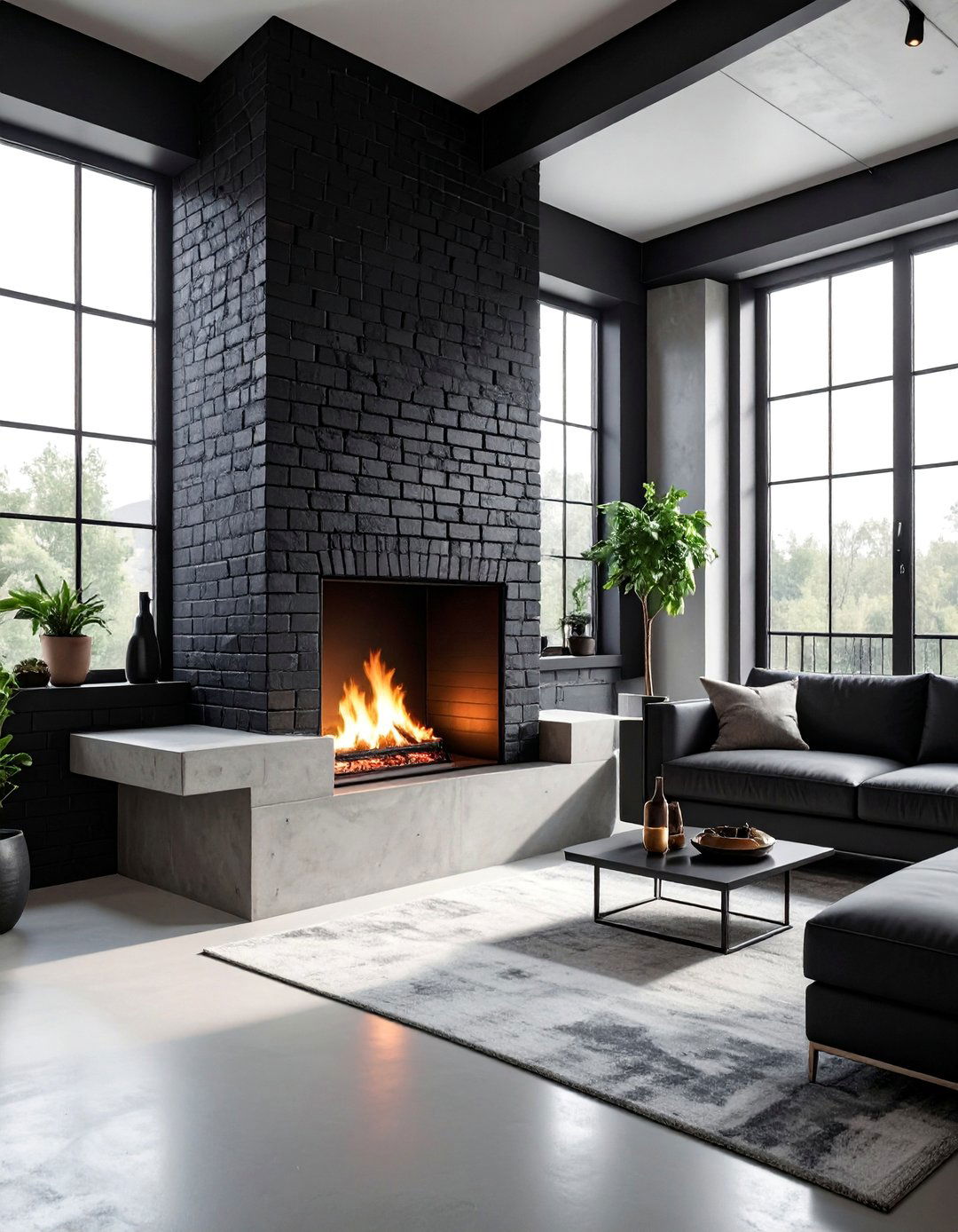 Black Brick Fireplace With a Concrete Hearth - 30 Black Brick Fireplace Ideas to Elevate Your Space