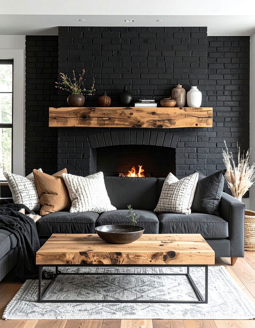 Black Brick Fireplace With a Rustic Wood Mantel