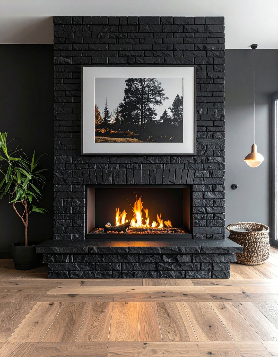 Black Brick Fireplace With a Slate Hearth - 30 Black Brick Fireplace Ideas to Elevate Your Space