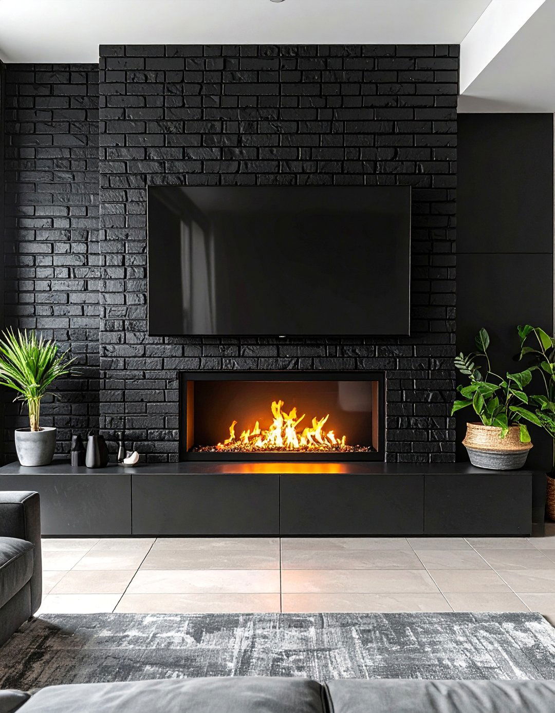 Black Brick Fireplace With an Integrated TV Mount - 30 Black Brick Fireplace Ideas to Elevate Your Space