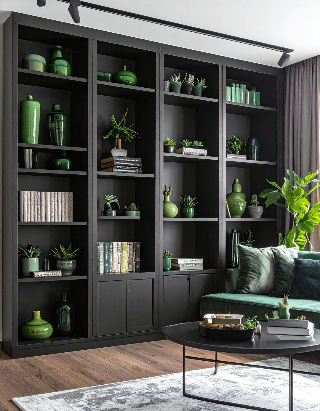 Black Built In Shelving with Green Decor Objects - 30 Black and Green Living Room Ideas for a Luxe Feel