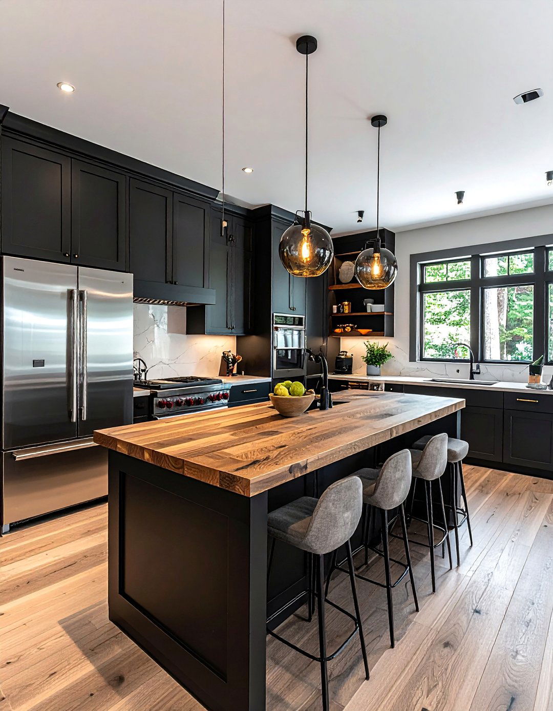 Black Cabinets Wood Counters and Stainless Steel Appliances - 25 Stunning Kitchen Ideas with Black Cabinets & Wood Countertops