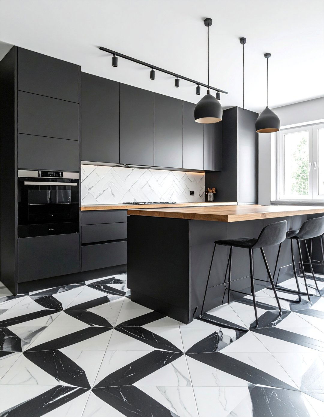 Black Cabinets Wood Tops and a Bold Patterned Tile Floor - 25 Stunning Kitchen Ideas with Black Cabinets & Wood Countertops