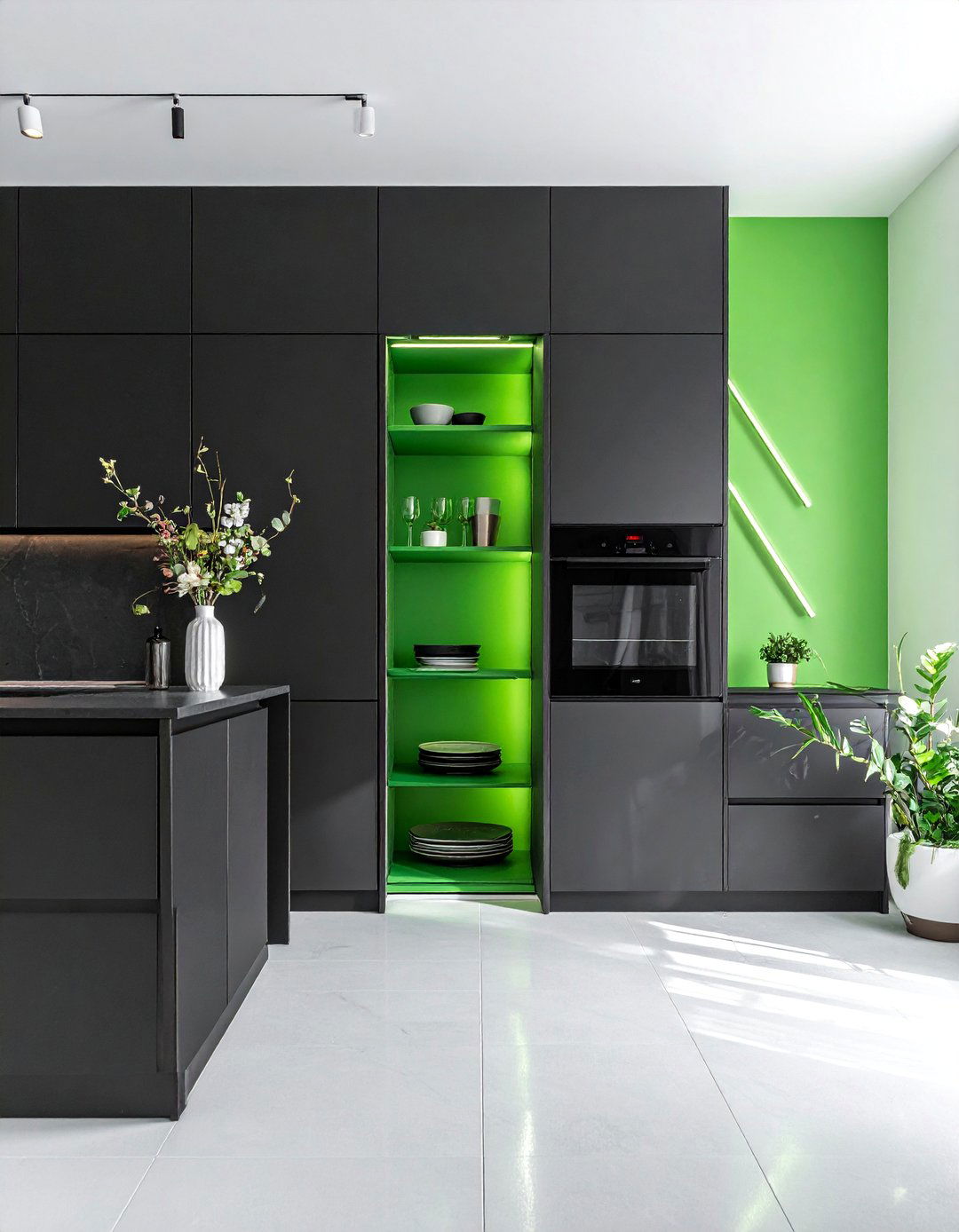 Black Cabinets with Green Interior Shelving - 30 Black and Green Kitchen Ideas for a Modern Twist