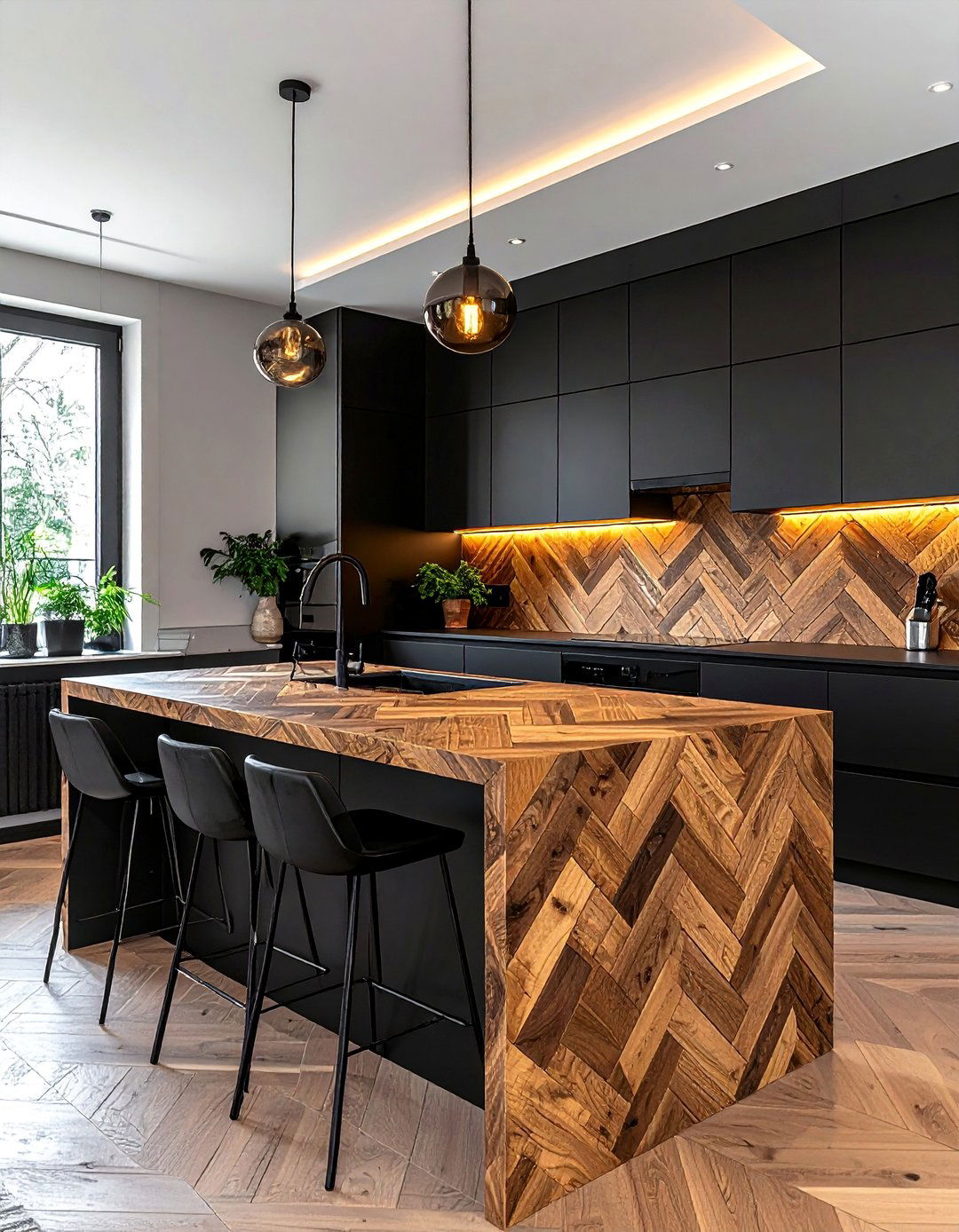 Black Cabinets with Herringbone Wood Countertops - 25 Stunning Kitchen Ideas with Black Cabinets & Wood Countertops