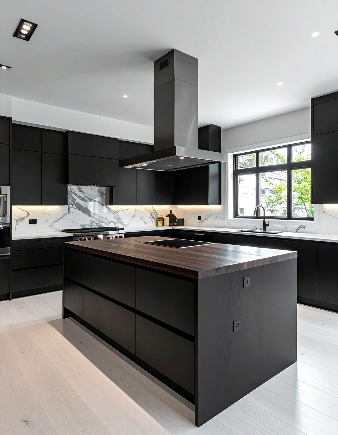 Black Cabinets with a Dark Wood Countertop on an Island - 25 Stunning Kitchen Ideas with Black Cabinets & Wood Countertops