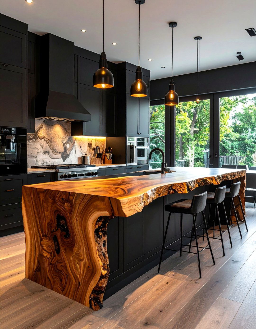 Black Cabinets with a Live Edge Wood Countertop - 25 Stunning Kitchen Ideas with Black Cabinets & Wood Countertops