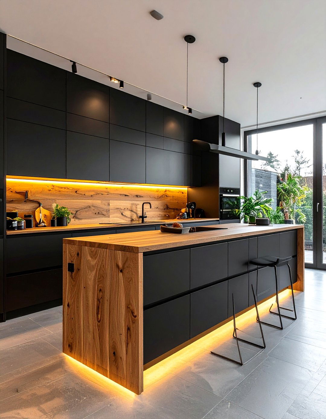Black Cabinets with a Matching Wood Backsplash - 25 Stunning Kitchen Ideas with Black Cabinets & Wood Countertops