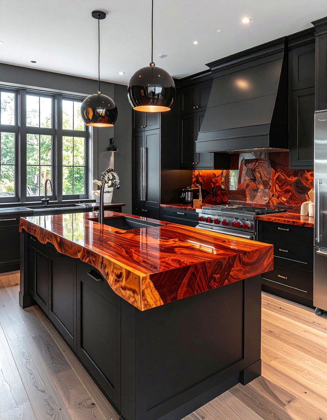 Black Cabinets with a Polished Cherry Wood Countertop - 25 Stunning Kitchen Ideas with Black Cabinets & Wood Countertops