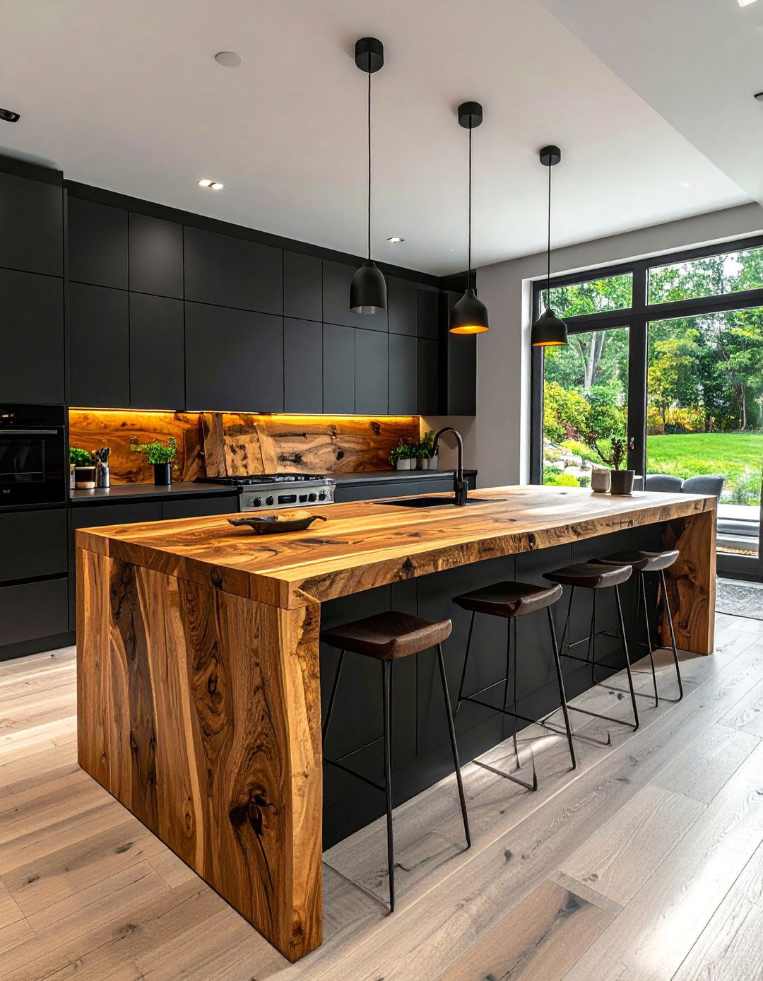 Black Cabinets with a Thick Edge Wood Countertop - 25 Stunning Kitchen Ideas with Black Cabinets & Wood Countertops