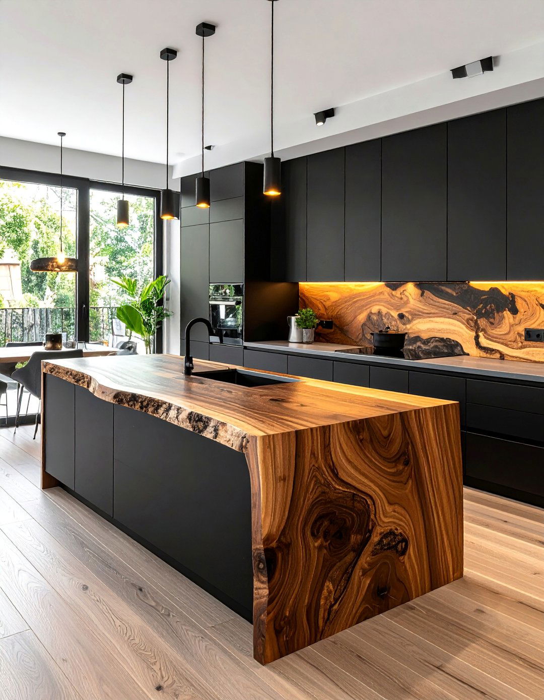 Black Cabinets with a Waterfall Wood Countertop Island - 25 Stunning Kitchen Ideas with Black Cabinets & Wood Countertops