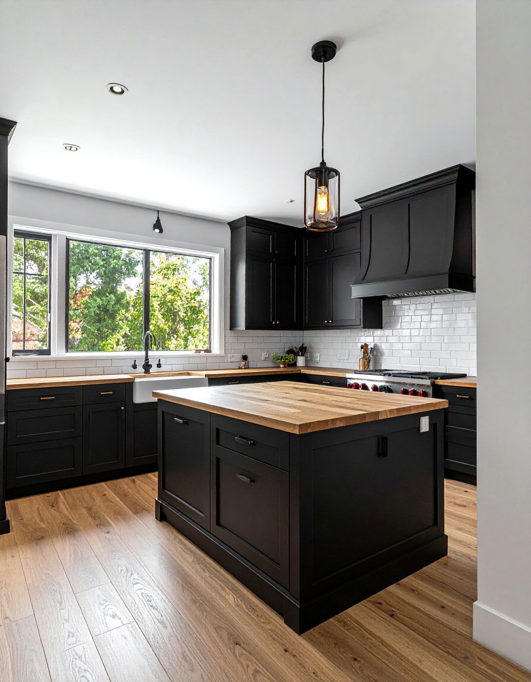 Black Cabinets with a White Subway Tile Backsplash - 25 Stunning Kitchen Ideas with Black Cabinets & Wood Countertops