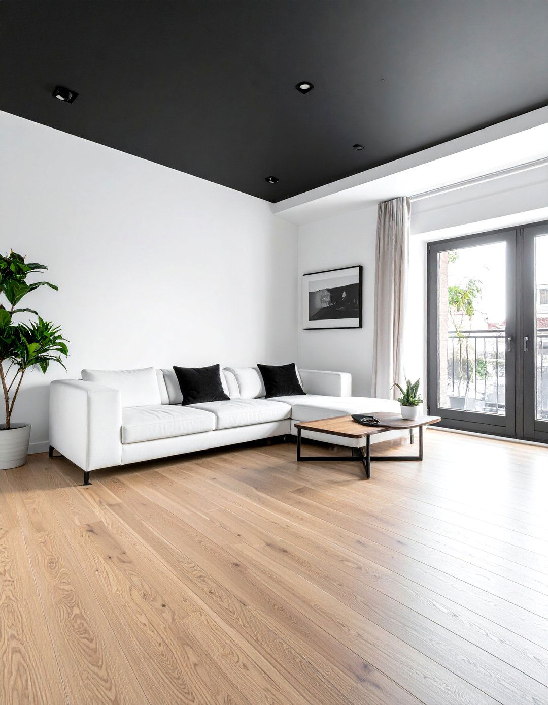 Black Ceiling in a Black and White Living Room - 30 Black and White Living Room Ideas for Timeless Style