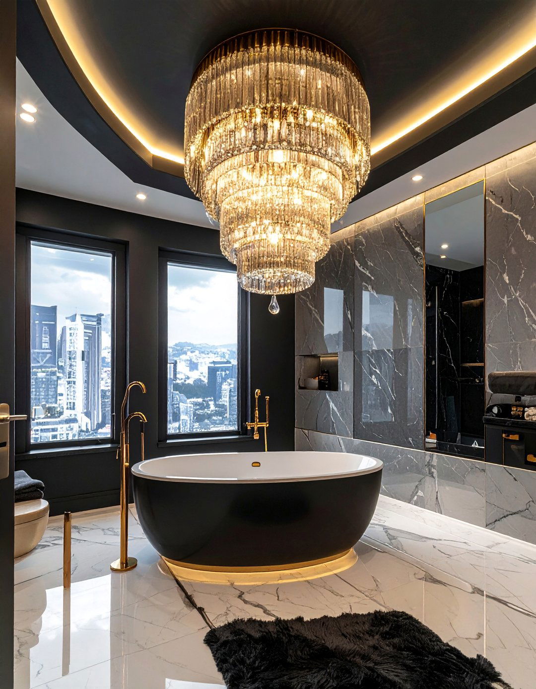 Black Ceiling with a Gold Chandelier - 20 Black and Gold Bathroom Ideas for a Luxurious Feel