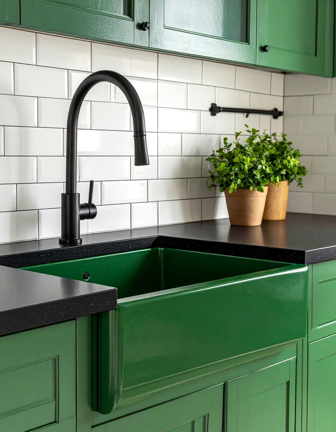 Black Countertops with a Green Farmhouse Sink - 30 Black and Green Kitchen Ideas for a Modern Twist