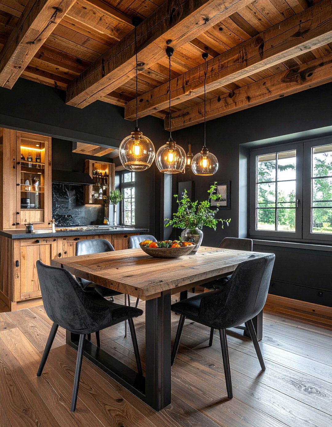 Black Dining Room with Exposed Ceiling Beams - 30 Black Dining Room Ideas for a Bold Statement