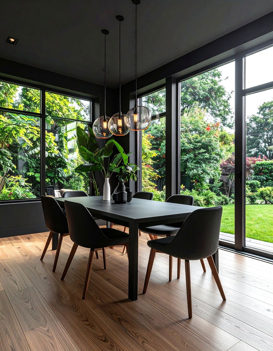 Black Dining Room with Floor to Ceiling Windows - 30 Black Dining Room Ideas for a Bold Statement
