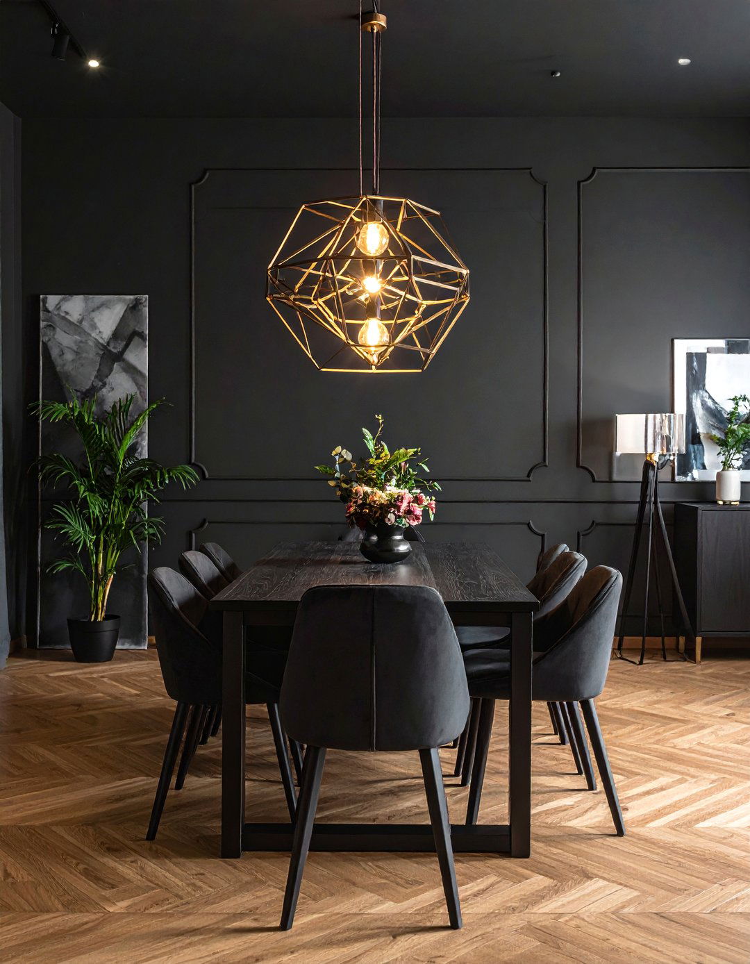Black Dining Room with Geometric Light Fixtures - 30 Black Dining Room Ideas for a Bold Statement