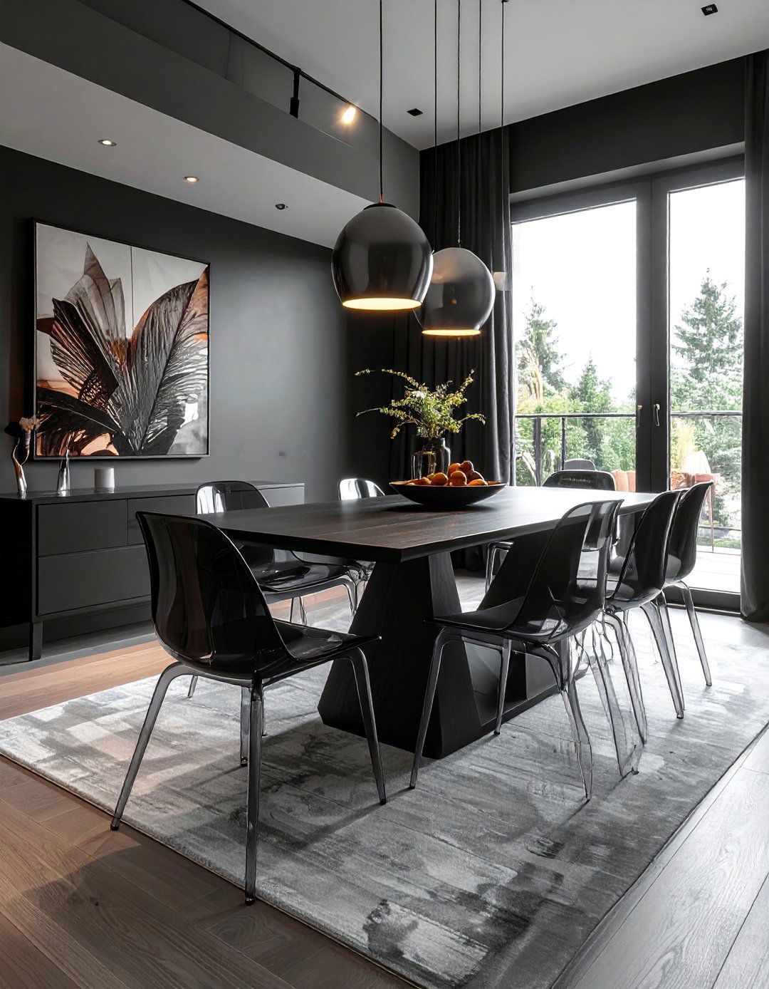 Black Dining Room with Ghost Chairs - 30 Black Dining Room Ideas for a Bold Statement