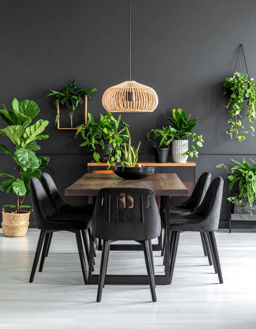 Black Dining Room with Greenery and Plants - 30 Black Dining Room Ideas for a Bold Statement