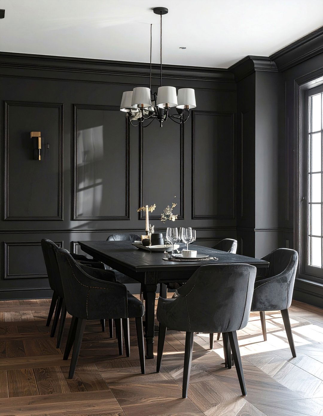 Black Dining Room with Integrated Wall Molding - 30 Black Dining Room Ideas for a Bold Statement