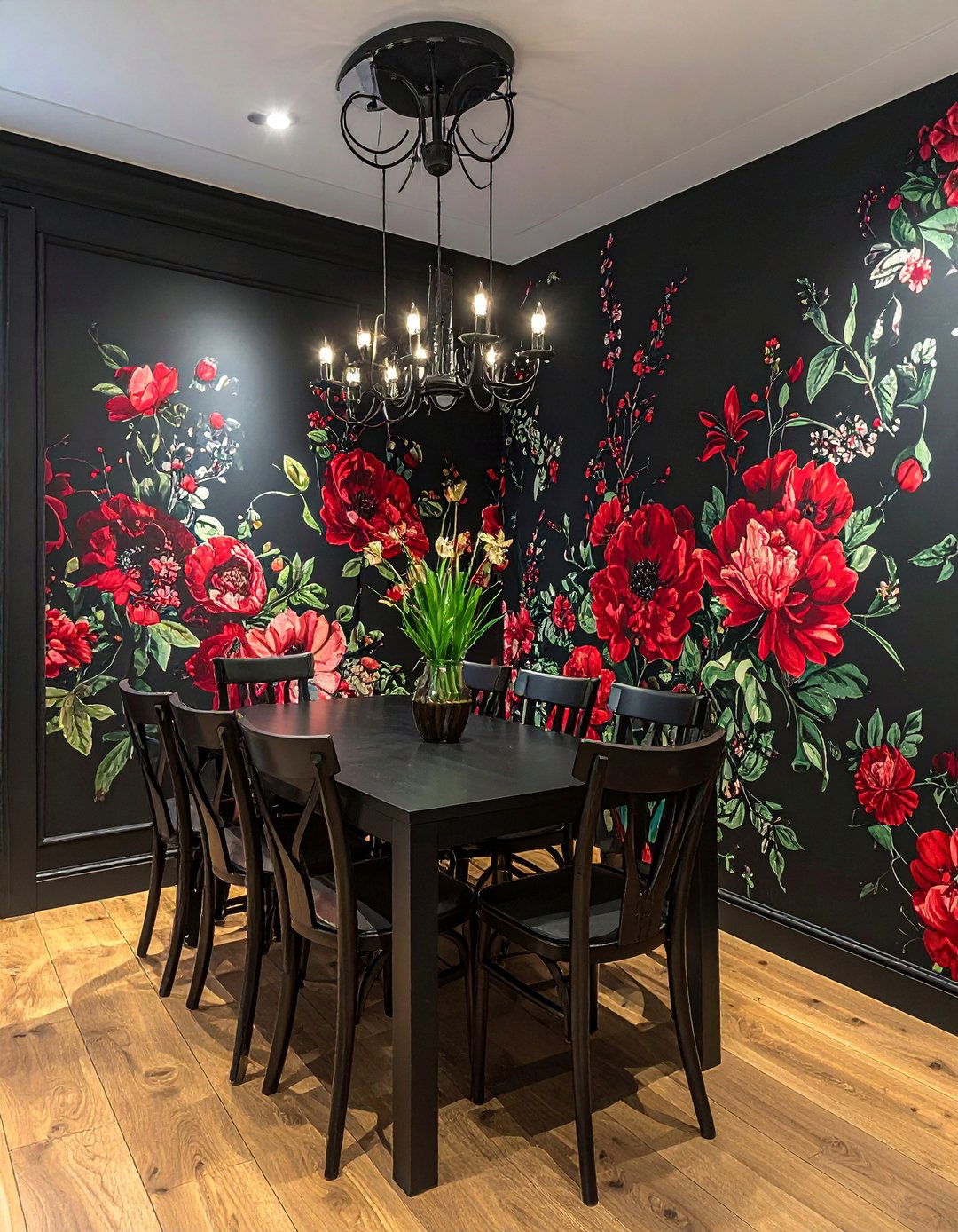 Black Dining Room with Moody Floral Wallpaper - 30 Black Dining Room Ideas for a Bold Statement