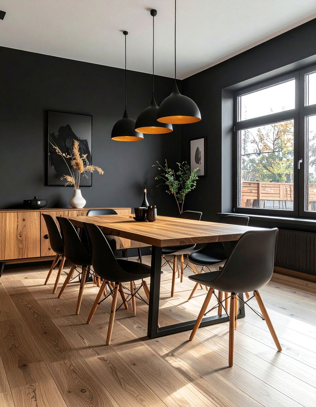 Black Dining Room with Natural Wood Dining Table - 30 Black Dining Room Ideas for a Bold Statement