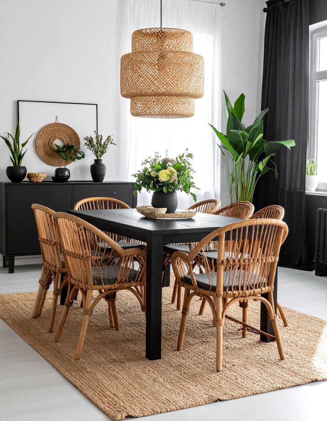 Black Dining Room with Rattan and Natural Fibers - 30 Black Dining Room Ideas for a Bold Statement