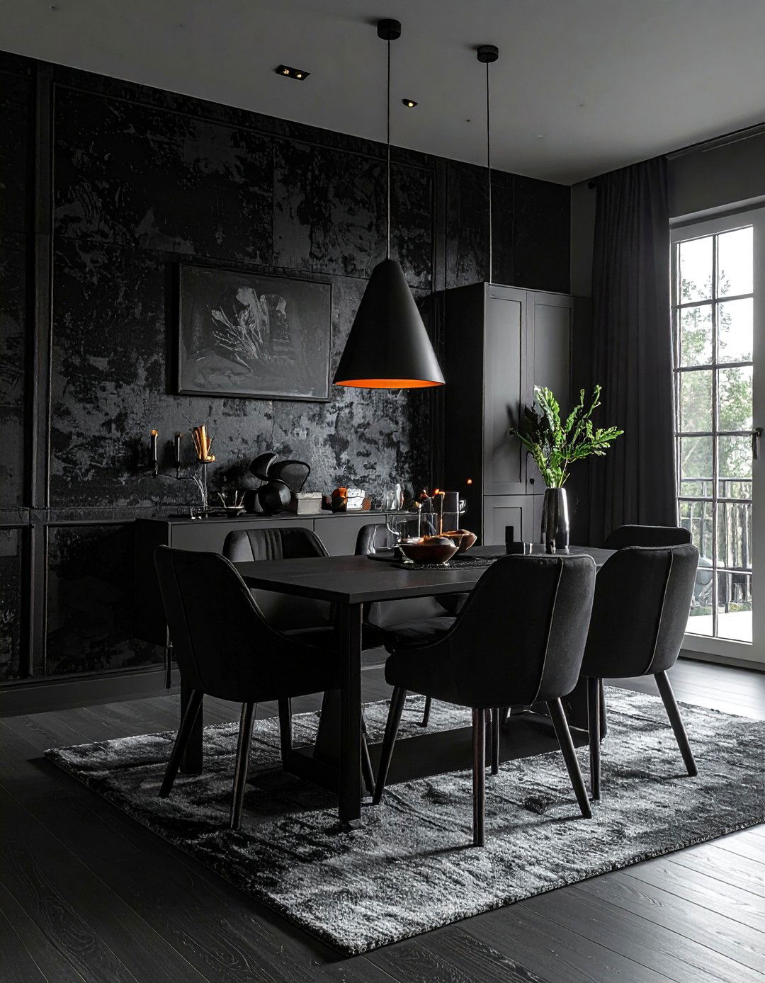 Black Dining Room with Textural Wall Coverings - 30 Black Dining Room Ideas for a Bold Statement