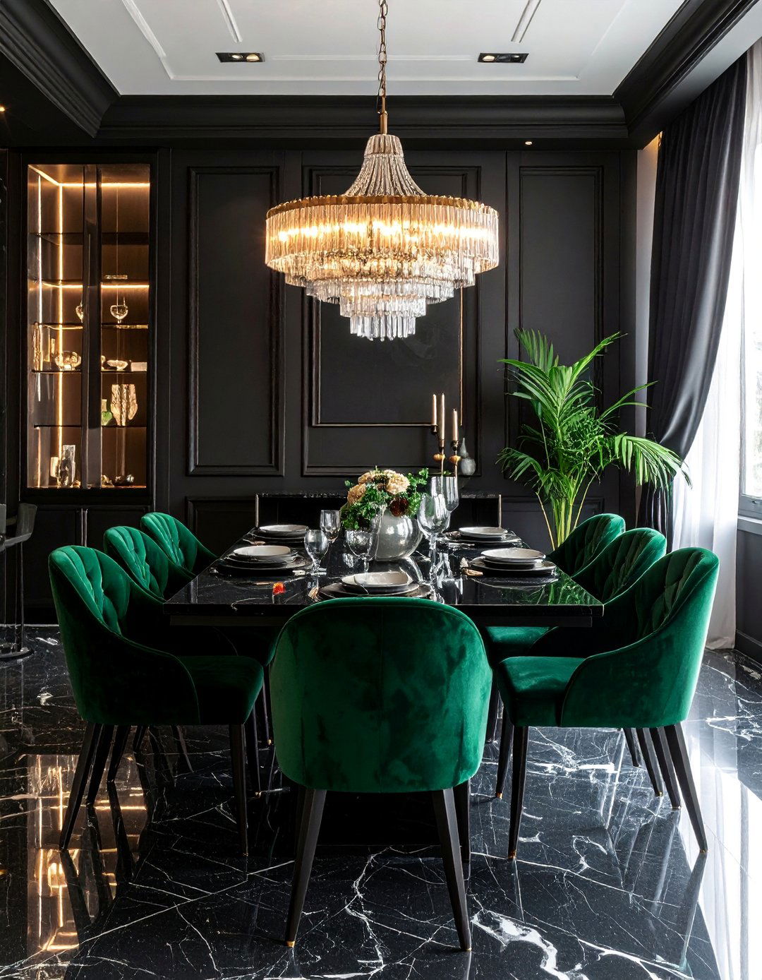 Black Dining Room with Velvet Dining Chairs - 30 Black Dining Room Ideas for a Bold Statement